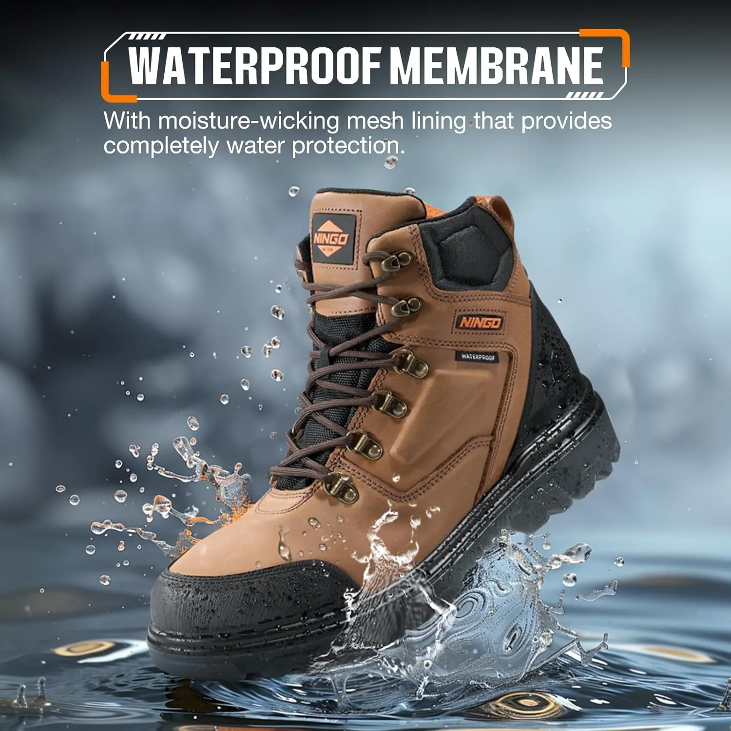 NINGO Mens Steel Toe Work Boots, Waterproof Heavy-Duty Safety Boots with Puncture Protection Oil & Slip Resistant, Steel Toe Work Shoes with Breathable Lining EH Protection for Construction Industrial