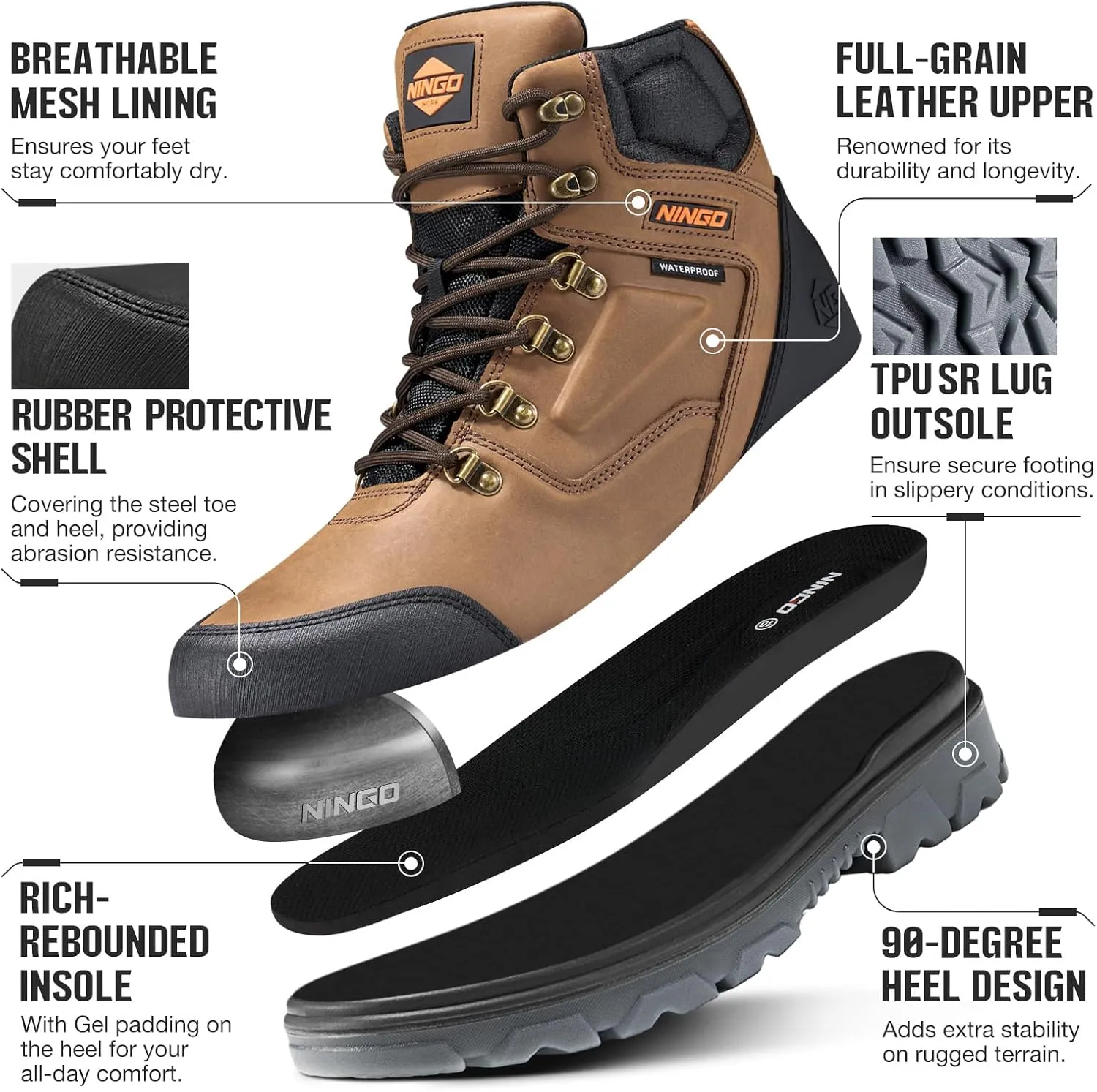 NINGO Mens Steel Toe Work Boots, Waterproof Heavy-Duty Safety Boots with Puncture Protection Oil & Slip Resistant, Steel Toe Work Shoes with Breathable Lining EH Protection for Construction Industrial