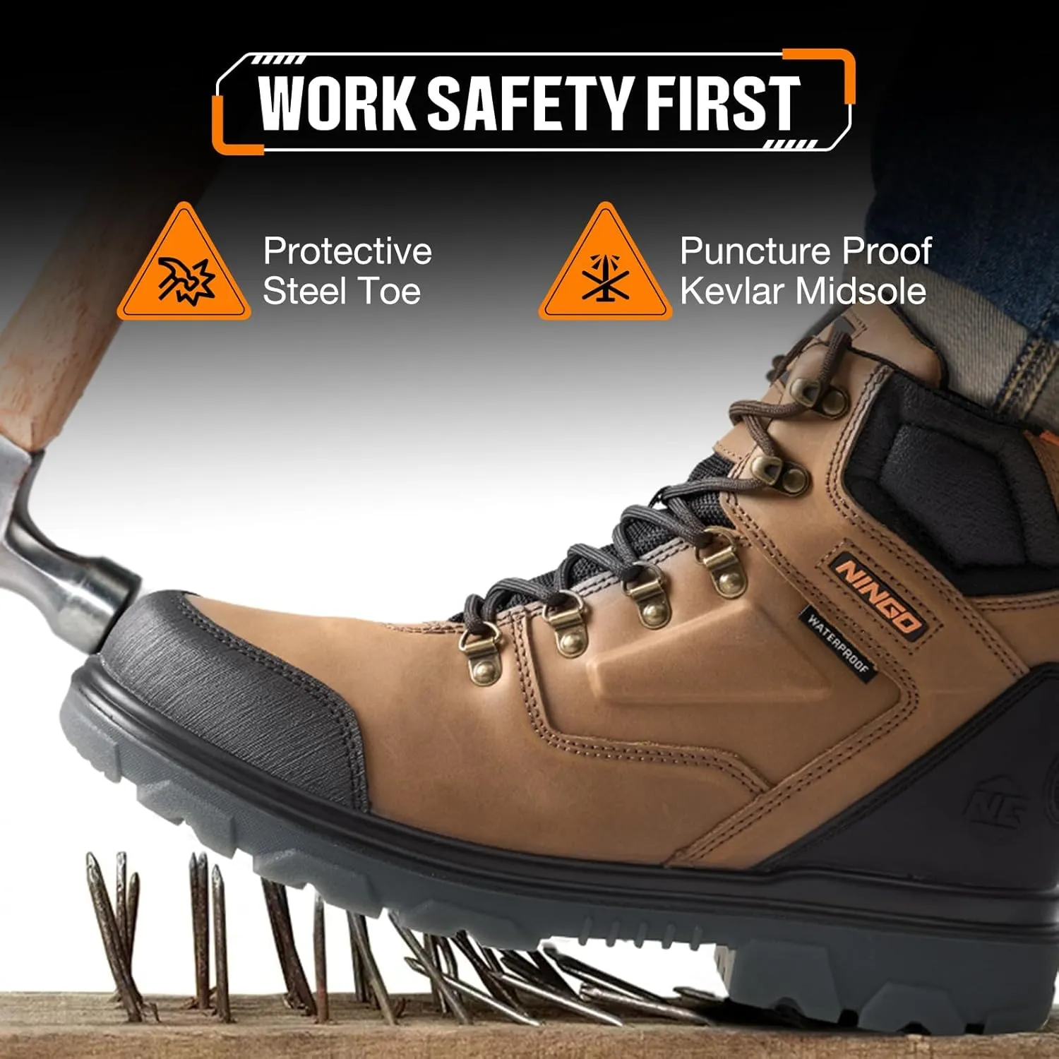 NINGO Mens Steel Toe Work Boots, Waterproof Heavy-Duty Safety Boots with Puncture Protection Oil & Slip Resistant, Steel Toe Work Shoes with Breathable Lining EH Protection for Construction Industrial