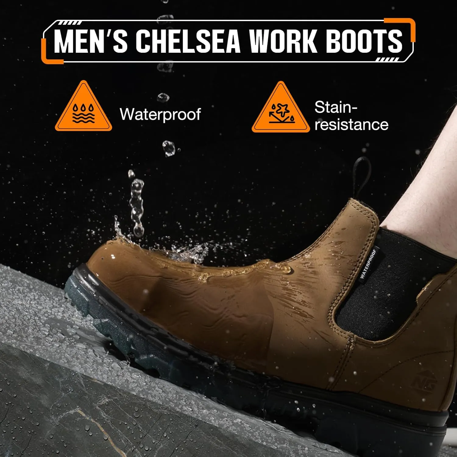 NINGO Waterproof Steel Toe Leather Chelsea Work Boots - Slip On, Puncture Resistant - Lightweight Safety Construction for Men & Women - Industrial, Warehouse