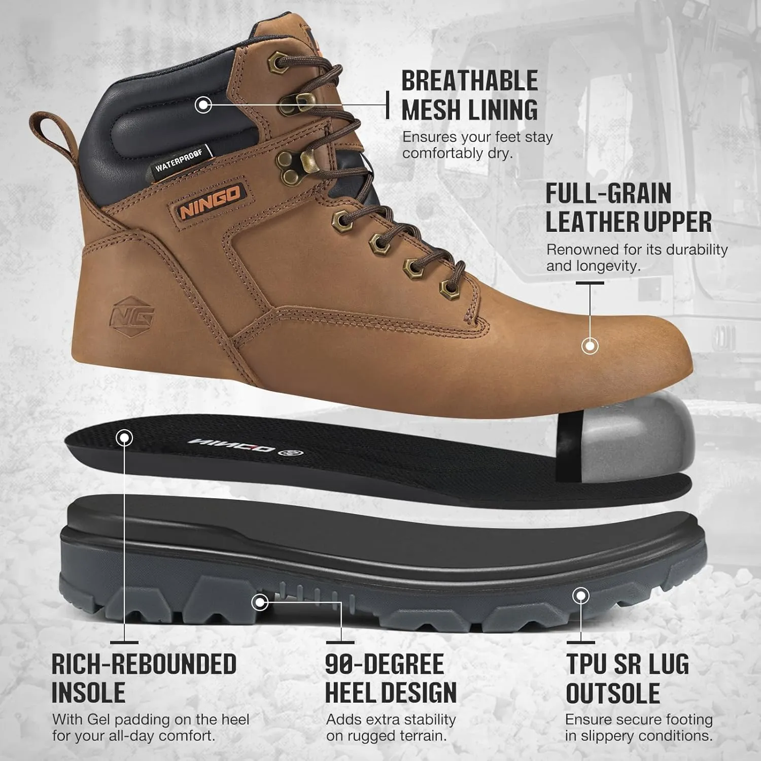 NINGO Work Boots for Men, Steel Toe Waterproof Boots with Puncture Proof, Oil & Slip Resistant, Comfortable Mens Construction Boot with EH Protection, Leather Shoes for Industrial