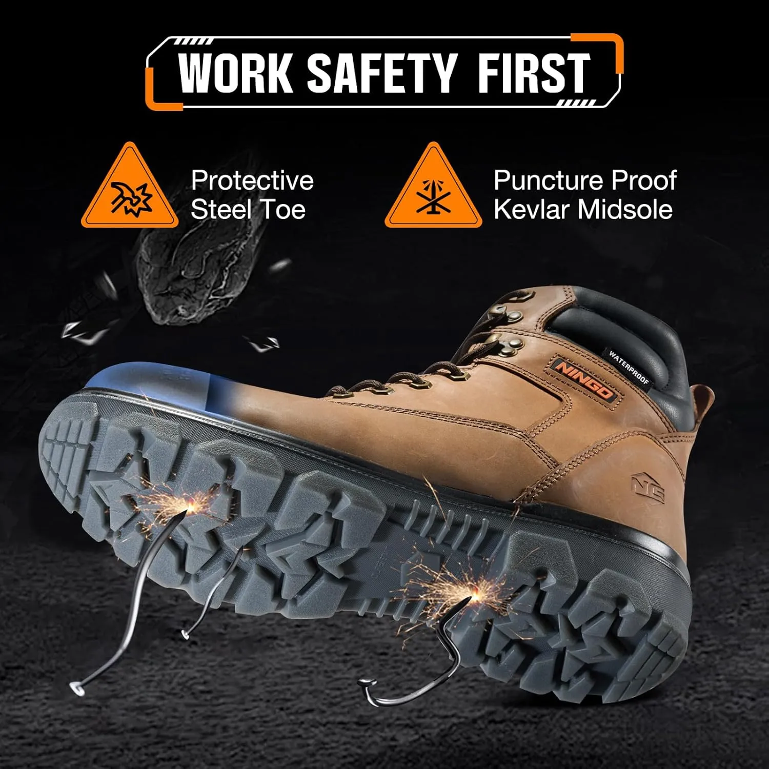 NINGO Work Boots for Men, Steel Toe Waterproof Boots with Puncture Proof, Oil & Slip Resistant, Comfortable Mens Construction Boot with EH Protection, Leather Shoes for Industrial