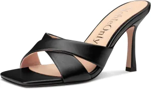 NobleOnly Womens High Stiletto Heels Open Square Toe Heeled Sandals Cross-Strap Slip-on Mules Shoes Summer Dress Sandals 3.5 Inches Heels