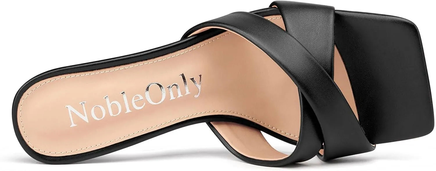 NobleOnly Womens High Stiletto Heels Open Square Toe Heeled Sandals Cross-Strap Slip-on Mules Shoes Summer Dress Sandals 3.5 Inches Heels