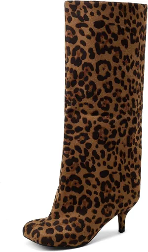 Nude Knee High Suede Boots for Women Square Toe Stiletto Heel Long Boots Wide Calf Pull On Tall Boots Fashion Comfortable Fall Boots