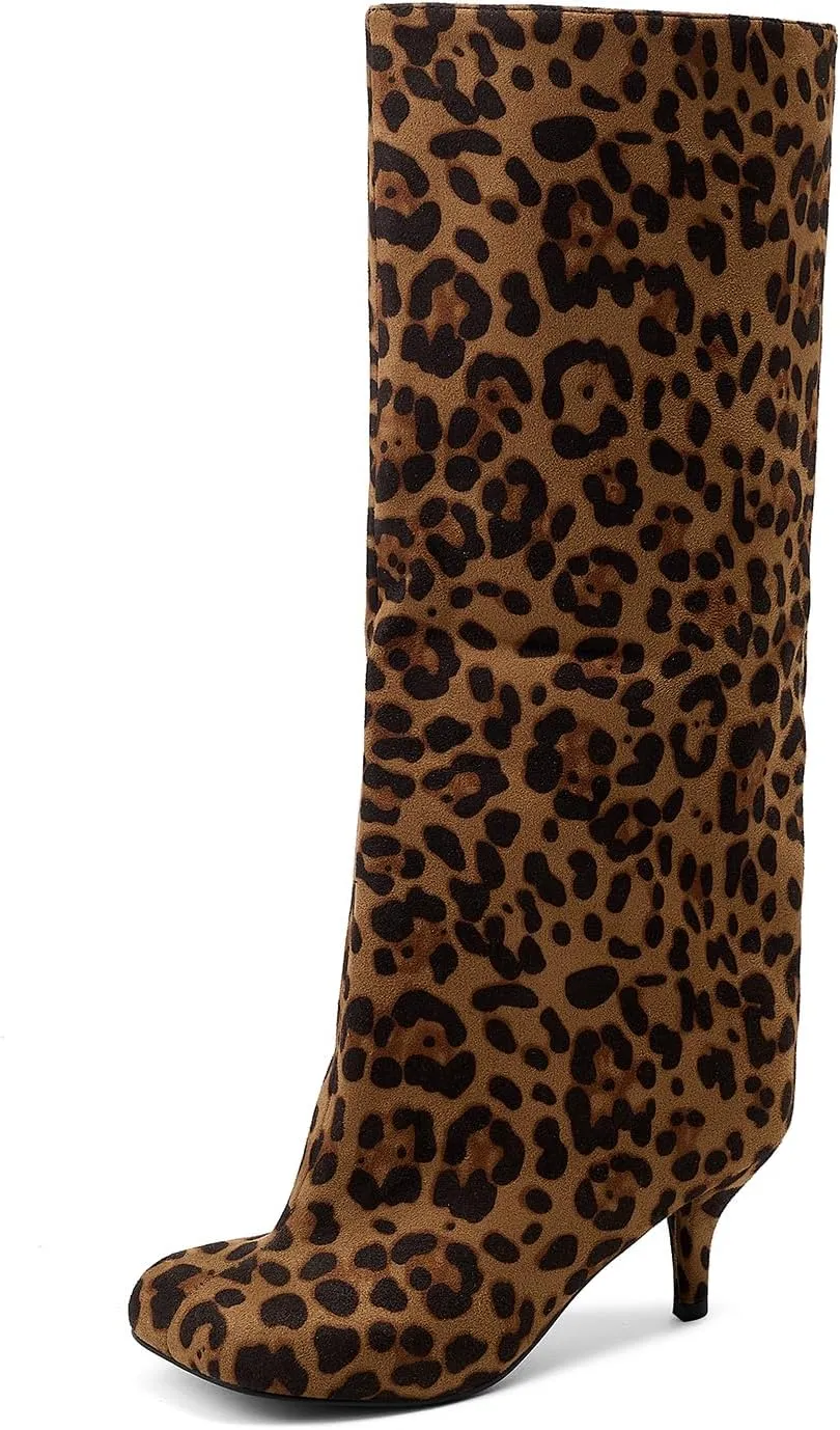 Nude Knee High Suede Boots for Women Square Toe Stiletto Heel Long Boots Wide Calf Pull On Tall Boots Fashion Comfortable Fall Boots