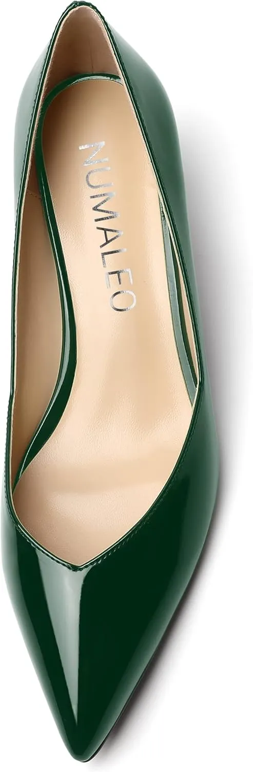 NUMALEO Womens Slip On Solid Pointed Toe Patent Work Casual Spool Low Heel Pumps Shoes 2 Inch
