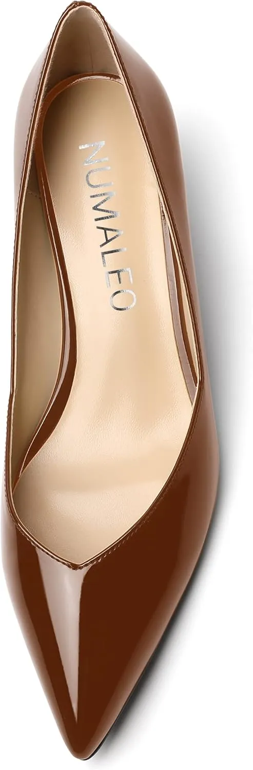 NUMALEO Womens Slip On Solid Pointed Toe Patent Work Casual Spool Low Heel Pumps Shoes 2 Inch