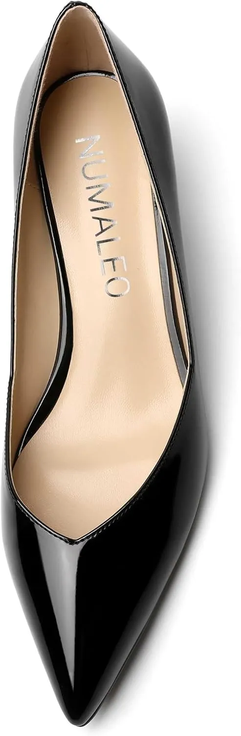 NUMALEO Womens Slip On Solid Pointed Toe Patent Work Casual Spool Low Heel Pumps Shoes 2 Inch