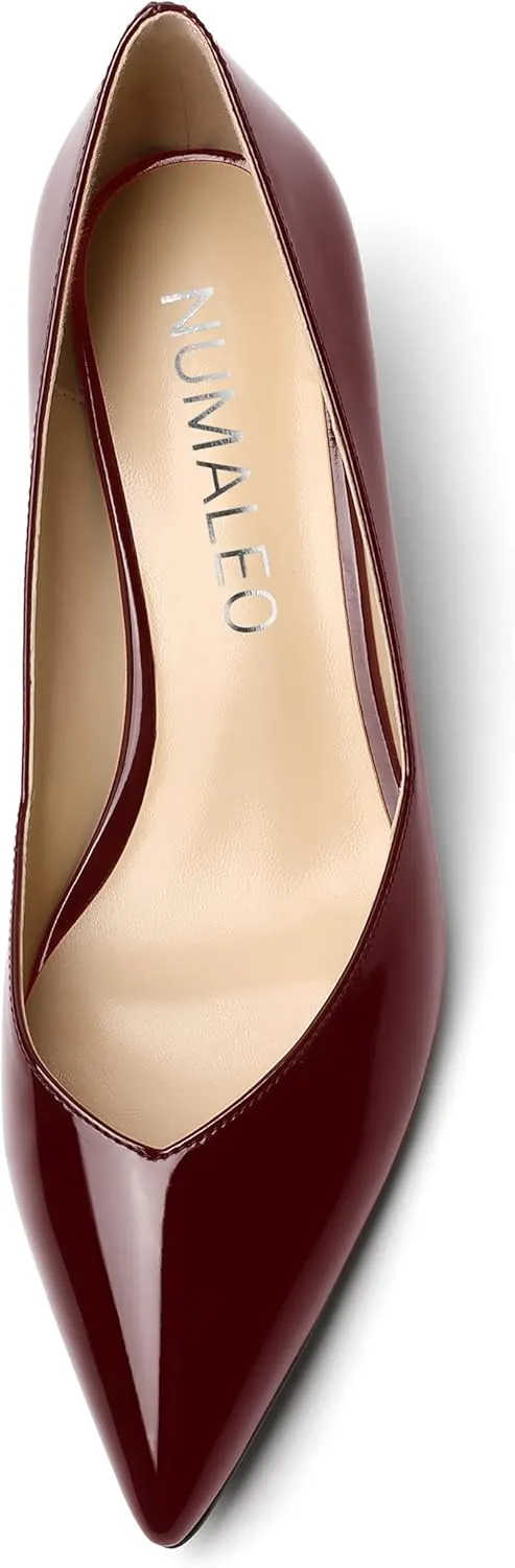 NUMALEO Womens Slip On Solid Pointed Toe Patent Work Casual Spool Low Heel Pumps Shoes 2 Inch