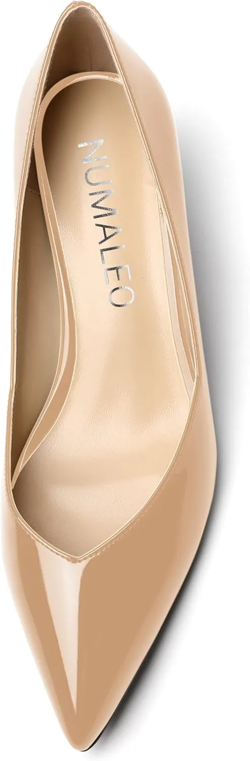 NUMALEO Womens Slip On Solid Pointed Toe Patent Work Casual Spool Low Heel Pumps Shoes 2 Inch