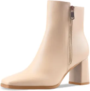 Oh Mispares Women's Chunky Heel Ankle Booties Square Toe Short Block Boots Heeled Shoes Side Zipper Comfortable Closed Toe Heels for Ladies Girls 3 Inches