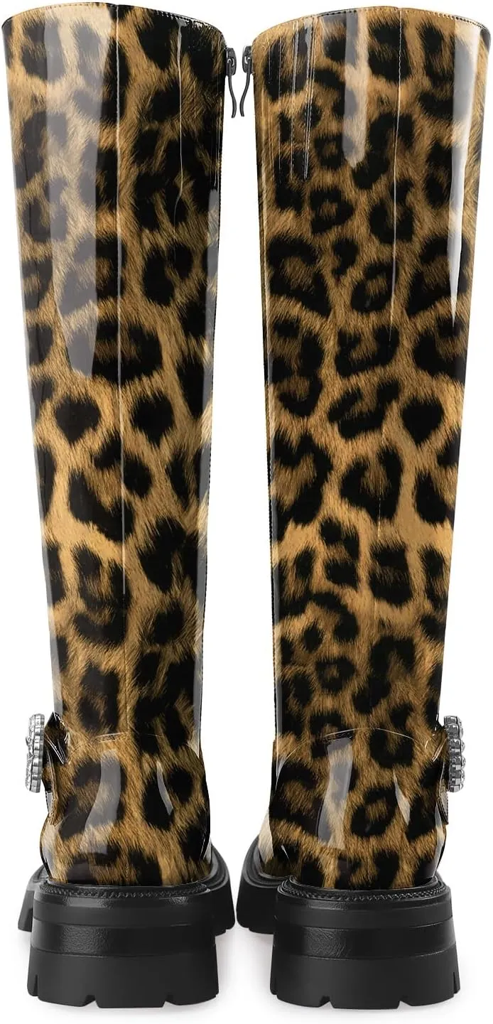 Oh Mispares Womens Round Toe Knee High Boots Chunky Heel Lug Sole Riding Tall Boots Ankle Strap Faux Leather Cute Fall Winter Dress Moto Shoes 2 Inches Heels