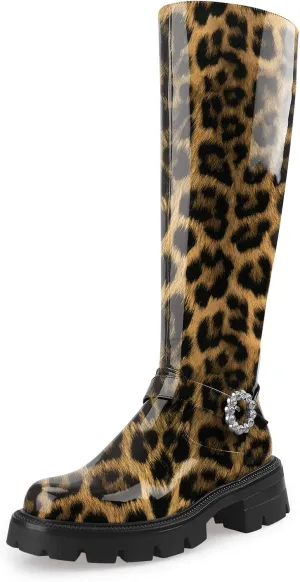 Oh Mispares Womens Round Toe Knee High Boots Chunky Heel Lug Sole Riding Tall Boots Ankle Strap Faux Leather Cute Fall Winter Dress Moto Shoes 2 Inches Heels