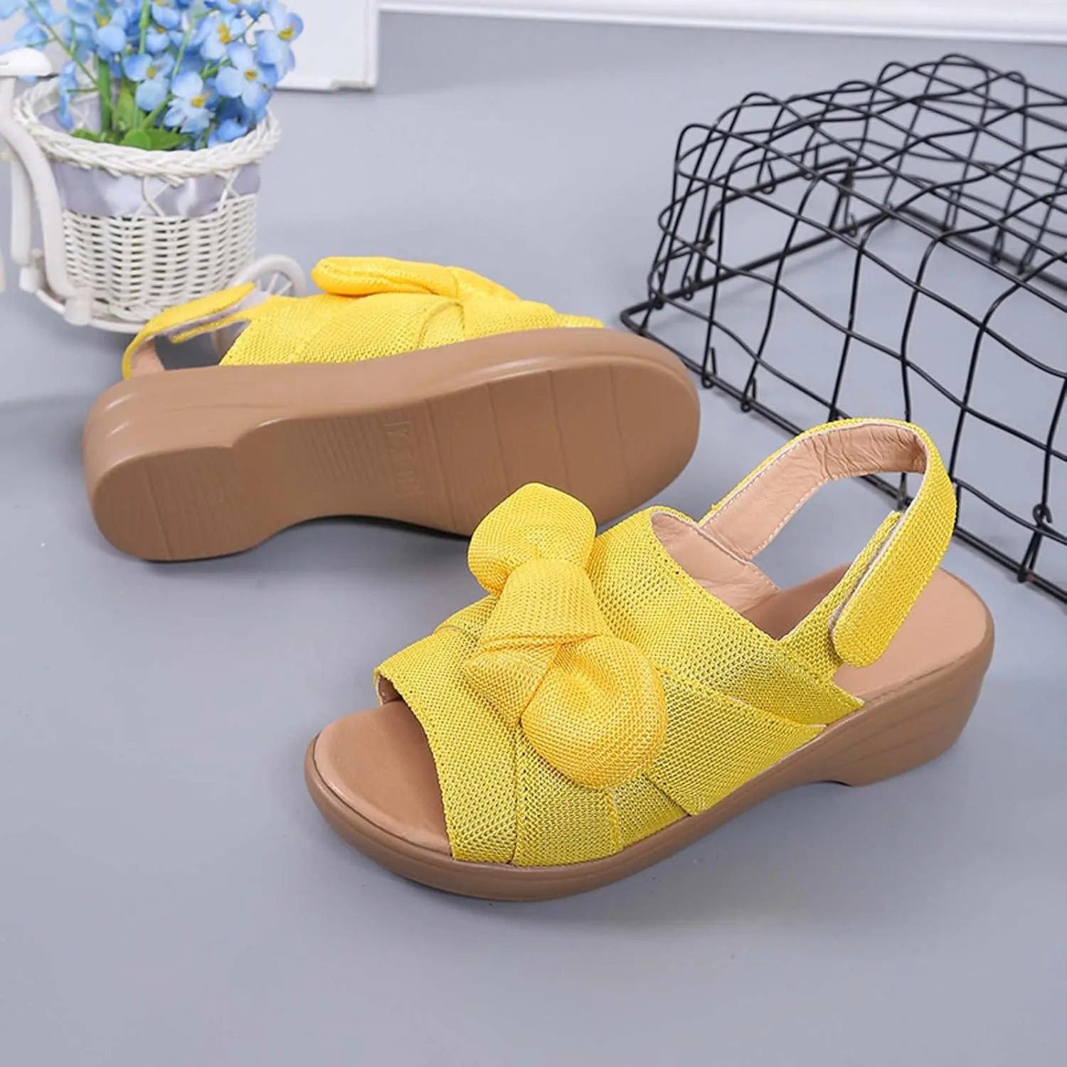 oiangi Bow Platform Sandals for Women Casual Summer Fish Mouth Open Toe Slingback Slipper Solid Comfortable Hook-and-Loop Beach Shoes Sandalias