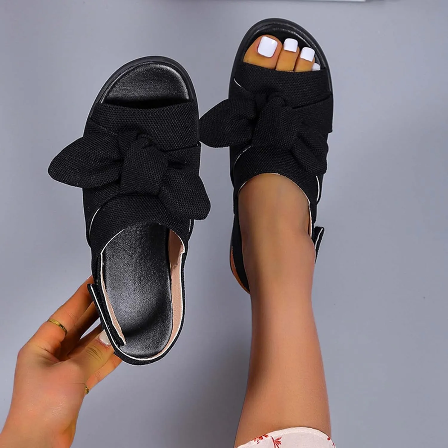 oiangi Bow Platform Sandals for Women Casual Summer Fish Mouth Open Toe Slingback Slipper Solid Comfortable Hook-and-Loop Beach Shoes Sandalias