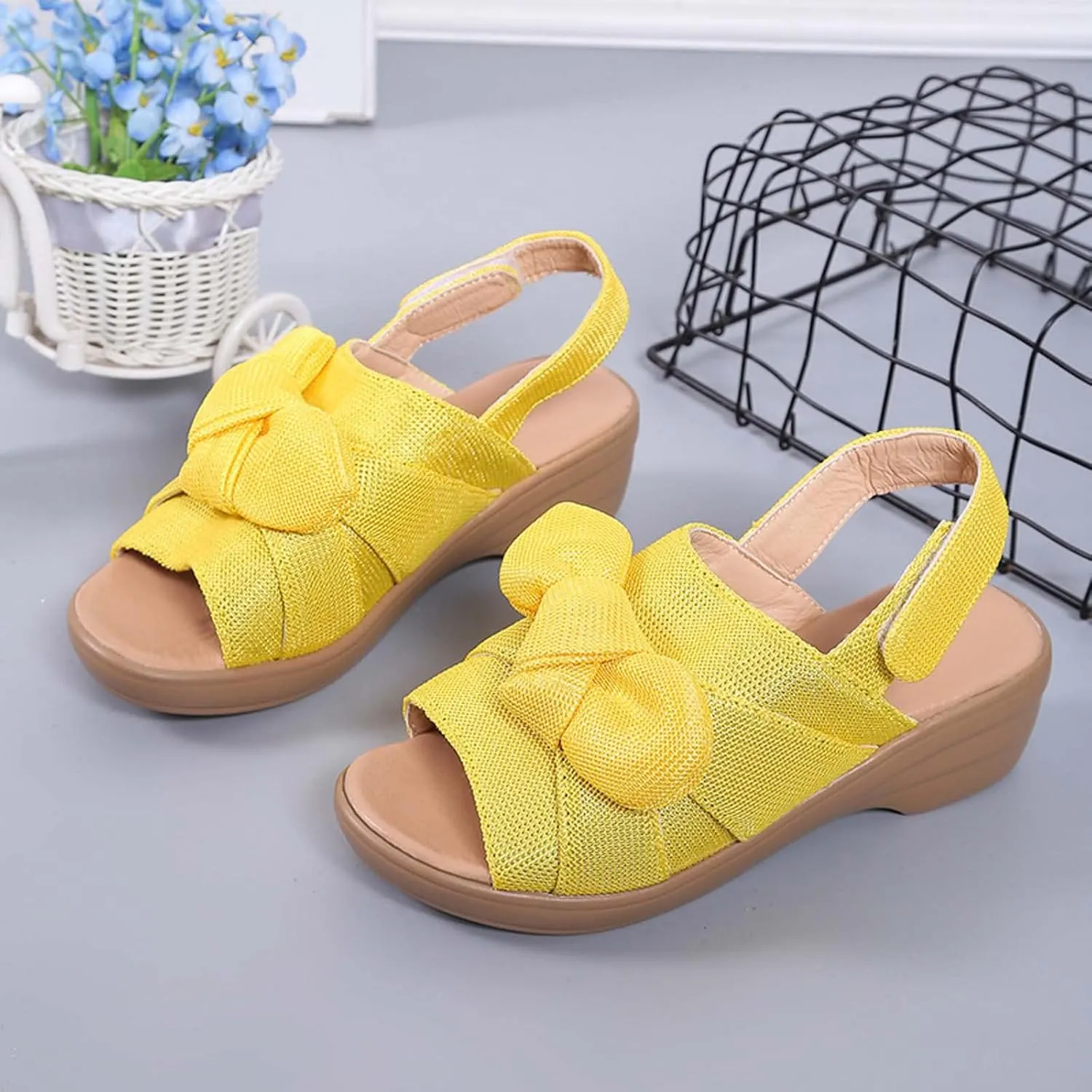 oiangi Bow Platform Sandals for Women Casual Summer Fish Mouth Open Toe Slingback Slipper Solid Comfortable Hook-and-Loop Beach Shoes Sandalias
