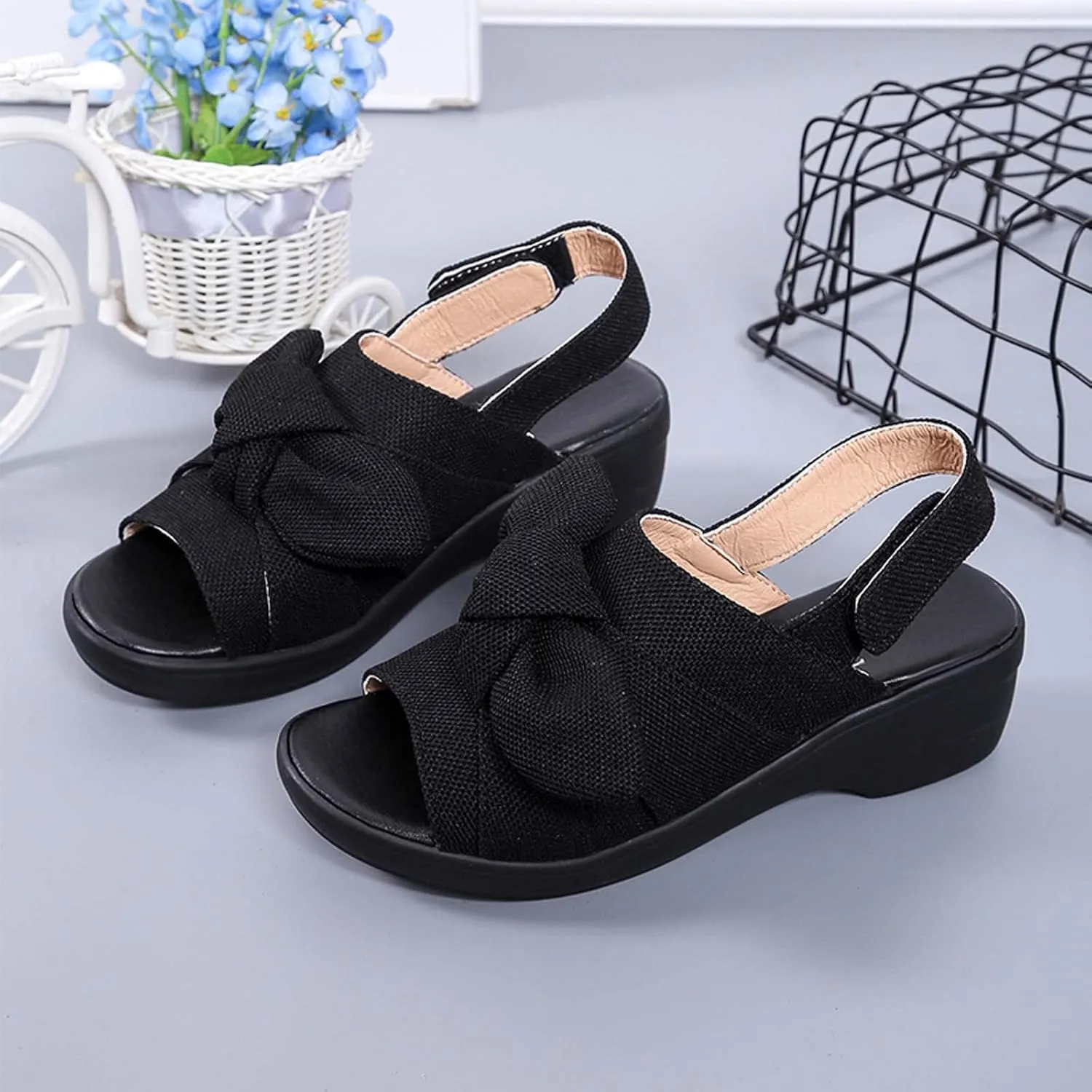 oiangi Bow Platform Sandals for Women Casual Summer Fish Mouth Open Toe Slingback Slipper Solid Comfortable Hook-and-Loop Beach Shoes Sandalias