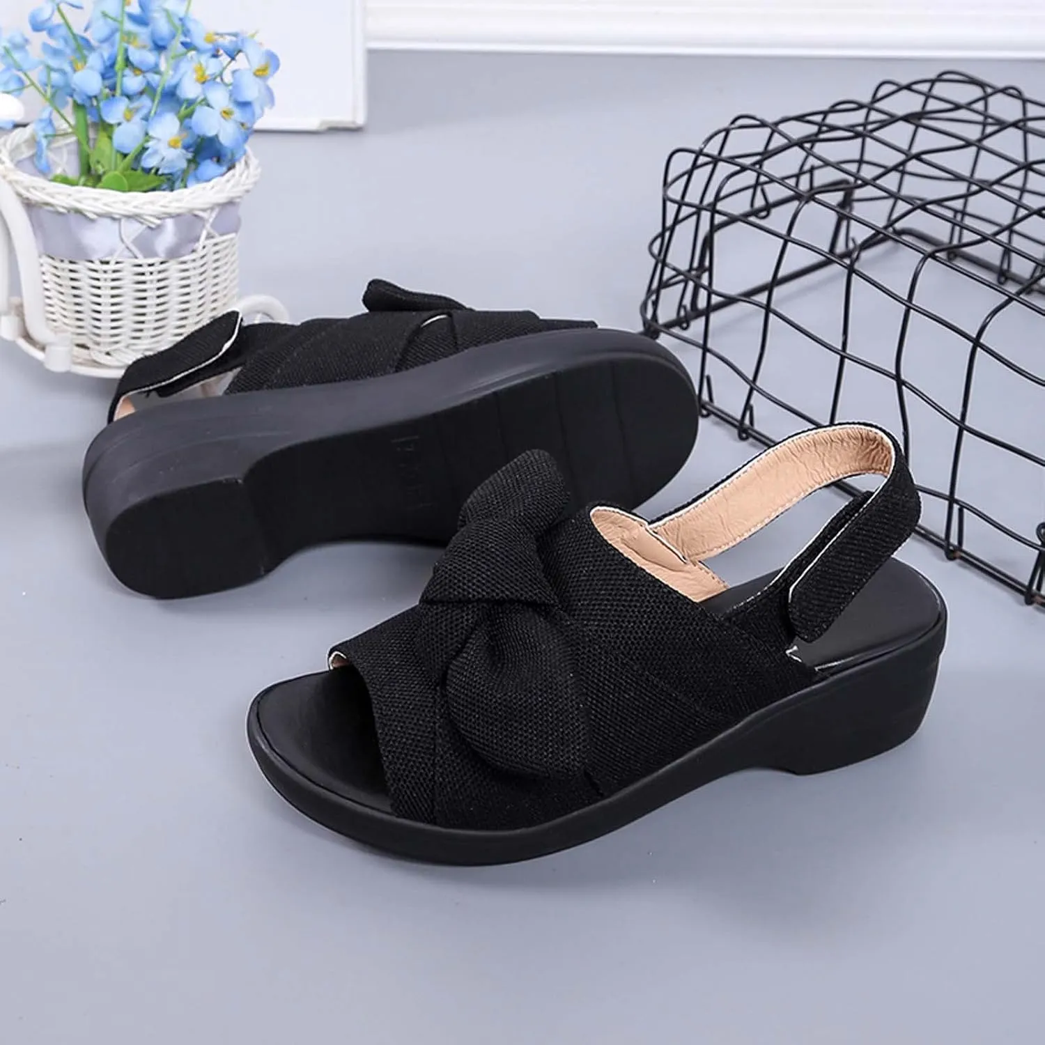 oiangi Bow Platform Sandals for Women Casual Summer Fish Mouth Open Toe Slingback Slipper Solid Comfortable Hook-and-Loop Beach Shoes Sandalias