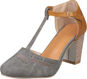 oiangi Chunky Heel Sandals for Women Summer Casual Fashion T Strap Cap Toe Hollow Buckle High-heeled Shoes Trendy Color Block Office Square Heel Sandals