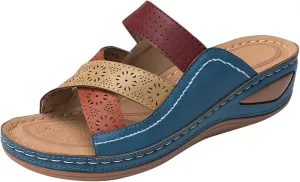 oiangi Comfortable Wedge Sandals for Women Casual Summer Colorblock Straps Hollow Open Toe Slip-on Slipper Soft Beach Outdoor Vacation Platform Shoes