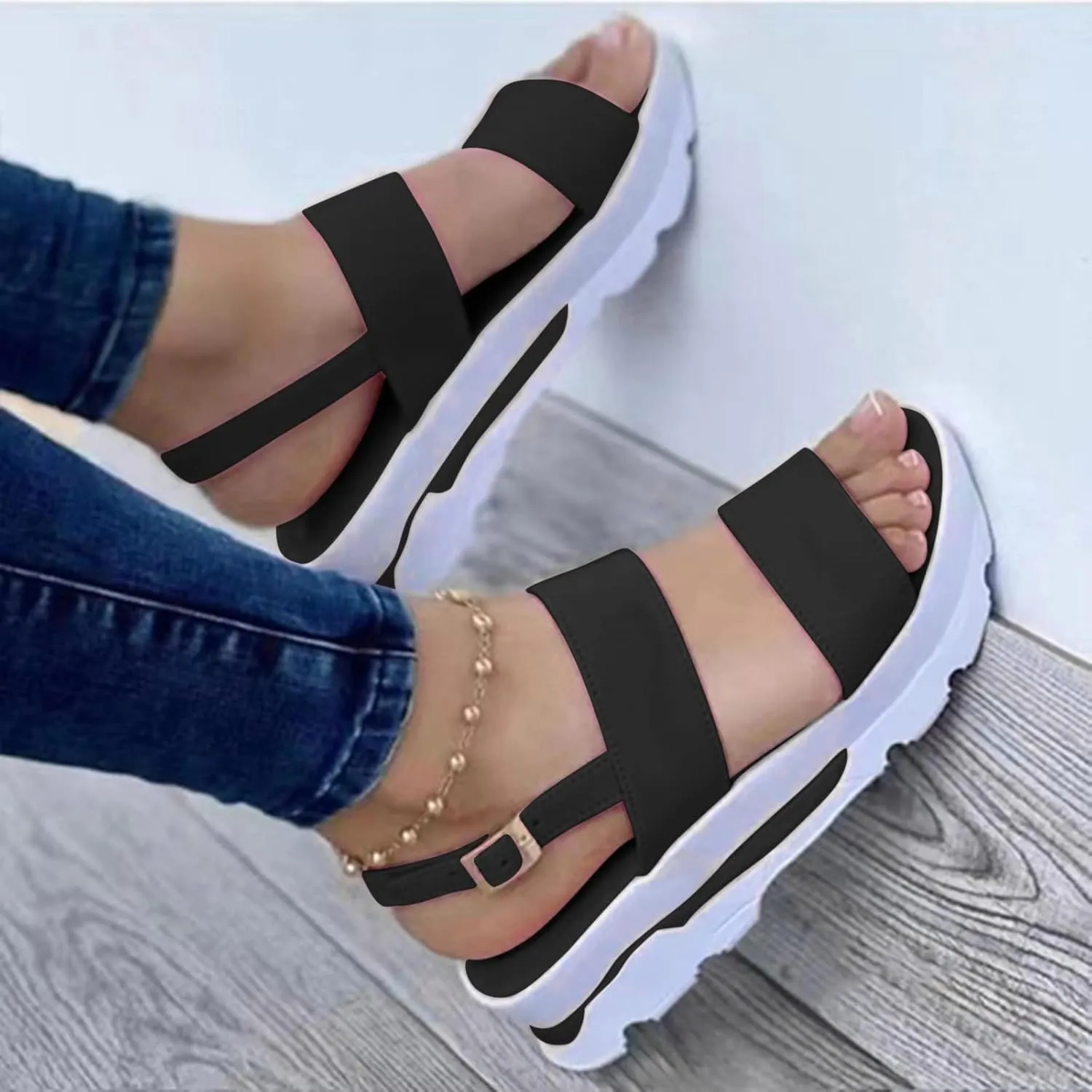 oiangi Double Strap Sandals for Women Platform Summer Casual Open Toe Buckle Thick Soled Slipper Solid Comfortable Non-Slip Outdoor Beach Shoes Sandalias