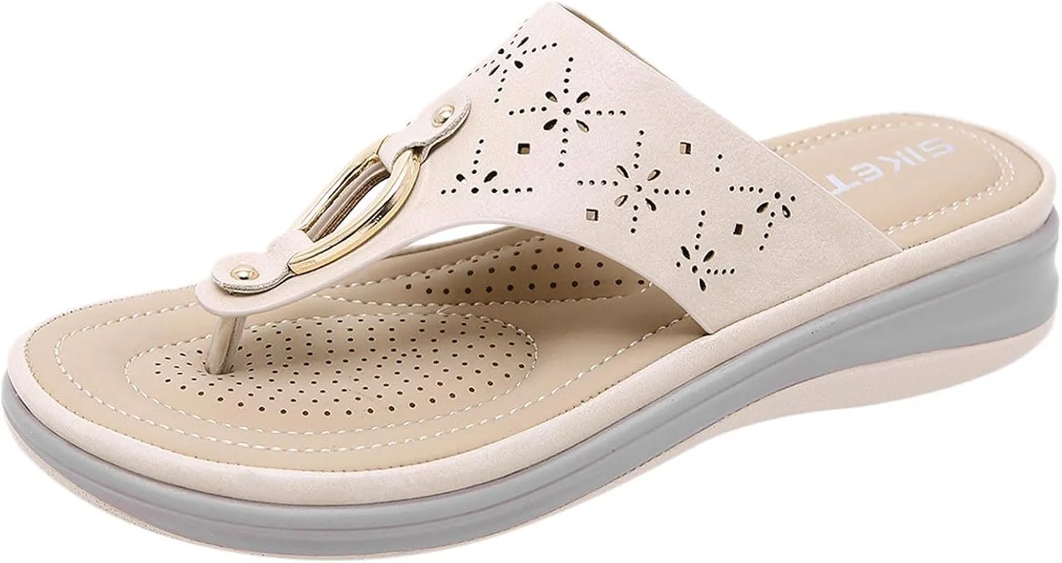 oiangi Flip Flop Sandals for Women Wedge Summer Casual Thong Straps Clip Toe Slipper Metal Decor Slip-on Slides Lightweight Comfy Hollow Ladies Shoes