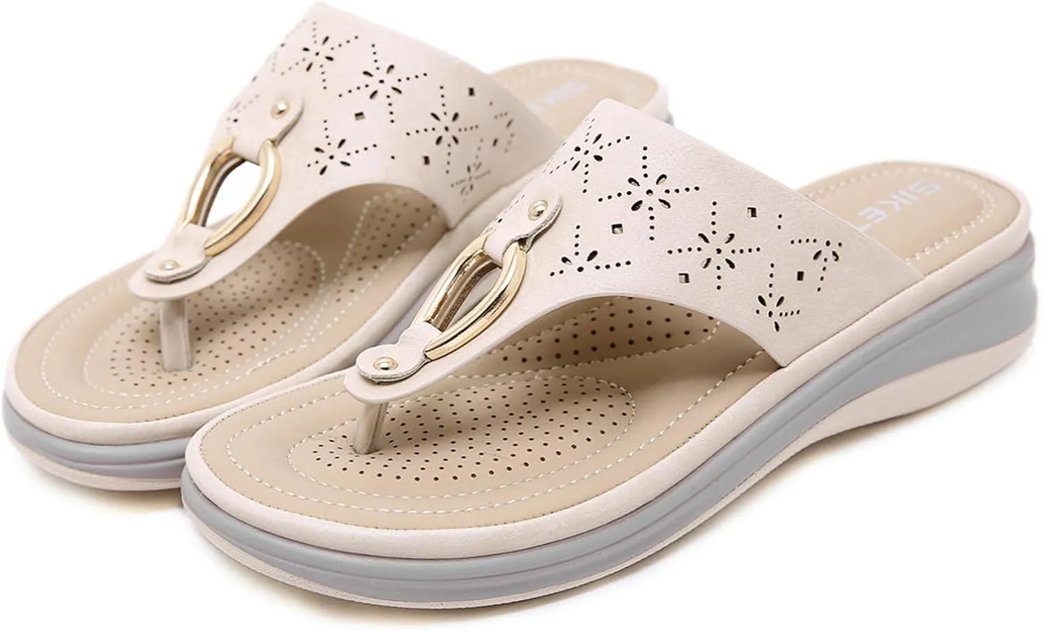 oiangi Flip Flop Sandals for Women Wedge Summer Casual Thong Straps Clip Toe Slipper Metal Decor Slip-on Slides Lightweight Comfy Hollow Ladies Shoes