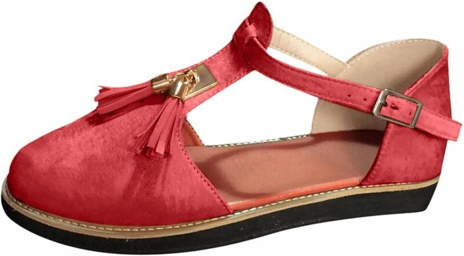 oiangi Fringed Sandals for Women Casual Summer Round Toe Closed Toe Buckle Tassel Flats Solid Comfortable Ladies Outdoor Non-Slip Shoes Sandalias