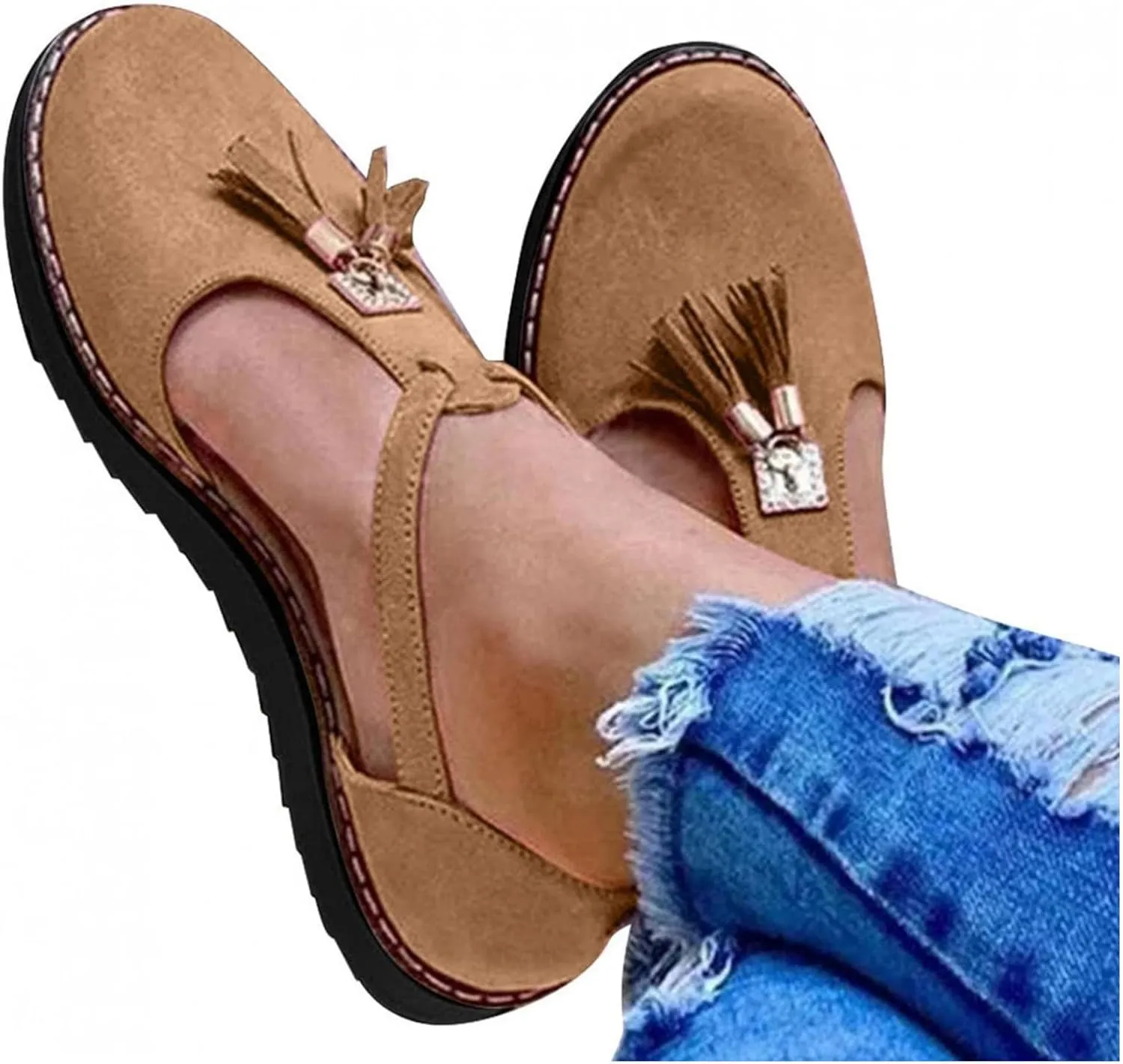 oiangi Fringed Sandals for Women Casual Summer Round Toe Closed Toe Buckle Tassel Flats Solid Comfortable Ladies Outdoor Non-Slip Shoes Sandalias