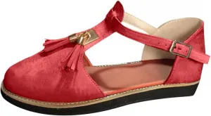 oiangi Fringed Sandals for Women Casual Summer Round Toe Closed Toe Buckle Tassel Flats Solid Comfortable Ladies Outdoor Non-Slip Shoes Sandalias