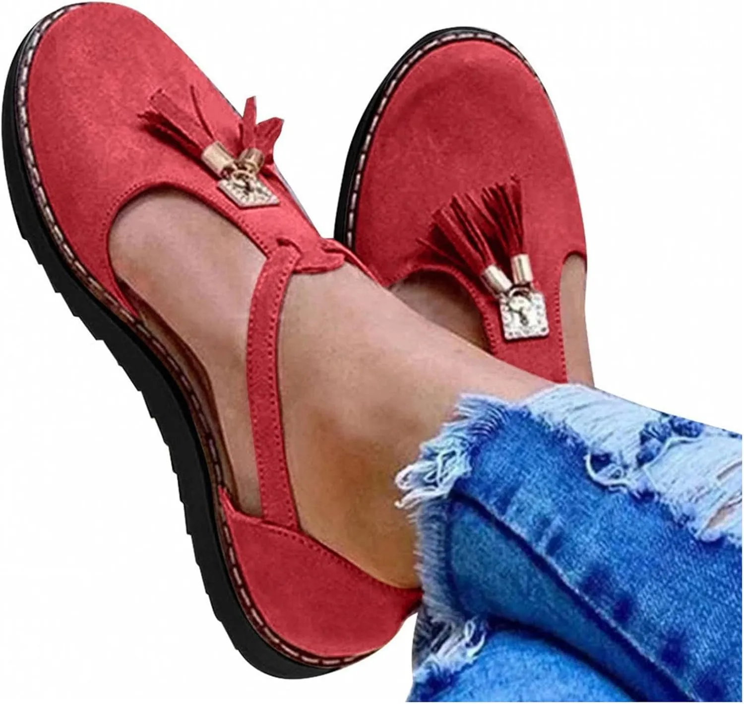 oiangi Fringed Sandals for Women Casual Summer Round Toe Closed Toe Buckle Tassel Flats Solid Comfortable Ladies Outdoor Non-Slip Shoes Sandalias