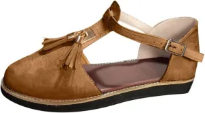 oiangi Fringed Sandals for Women Casual Summer Round Toe Closed Toe Buckle Tassel Flats Solid Comfortable Ladies Outdoor Non-Slip Shoes Sandalias