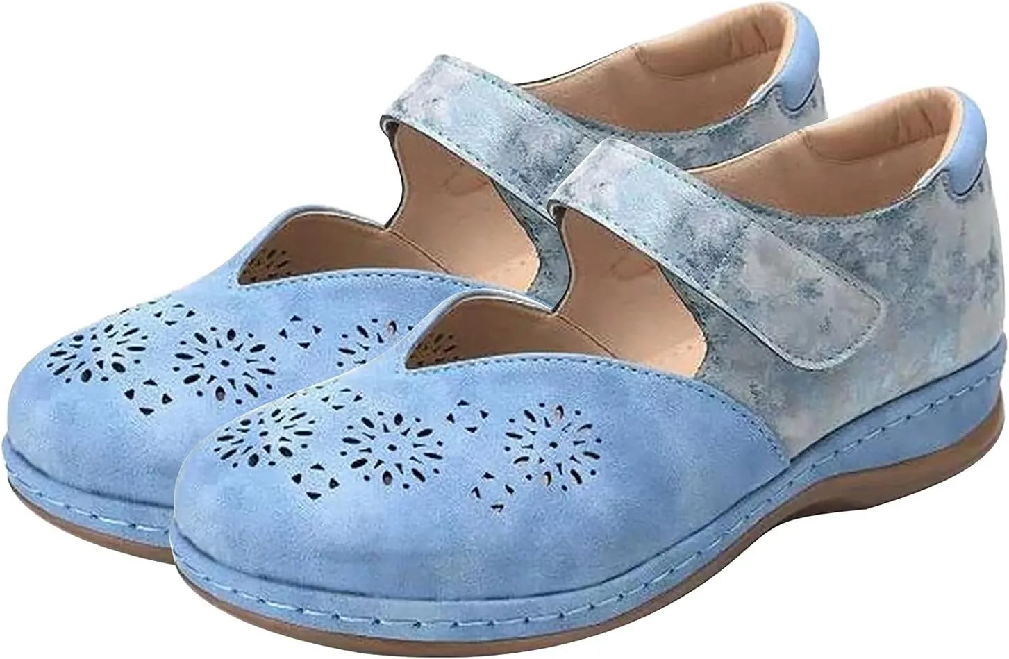 oiangi Hollow Breathable Sandals for Women Wedge Heel Summer Comfy Closed Toe Cutout Hook and Loop Leather Sandals Lightweight Casual Non-Slip Beach Shoes