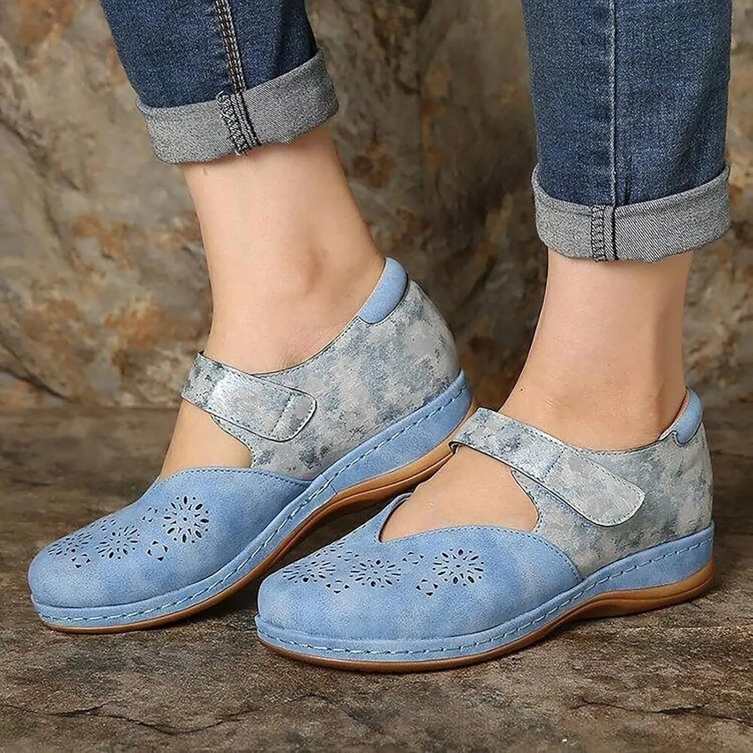 oiangi Hollow Breathable Sandals for Women Wedge Heel Summer Comfy Closed Toe Cutout Hook and Loop Leather Sandals Lightweight Casual Non-Slip Beach Shoes