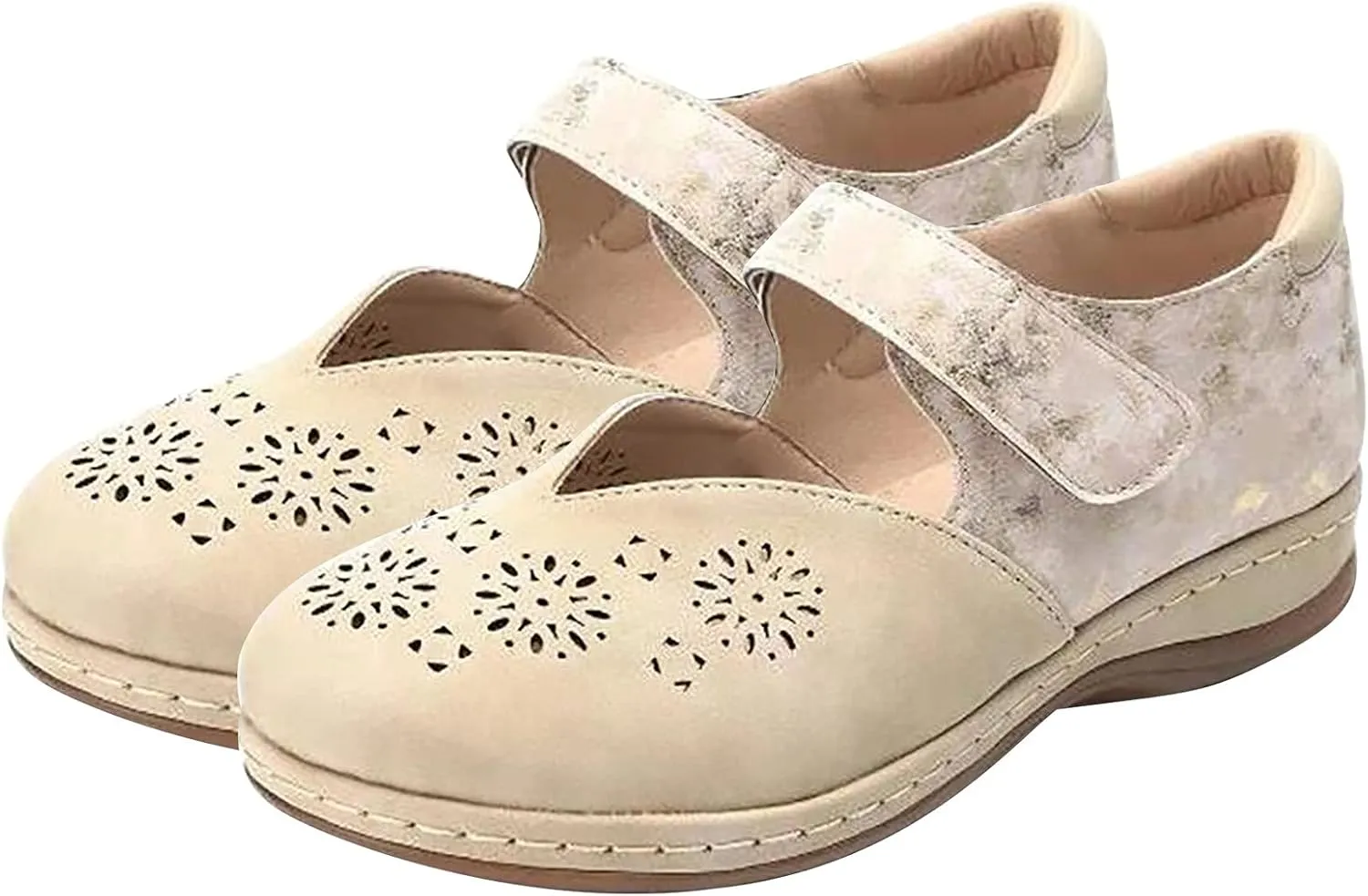 oiangi Hollow Breathable Sandals for Women Wedge Heel Summer Comfy Closed Toe Cutout Hook and Loop Leather Sandals Lightweight Casual Non-Slip Beach Shoes
