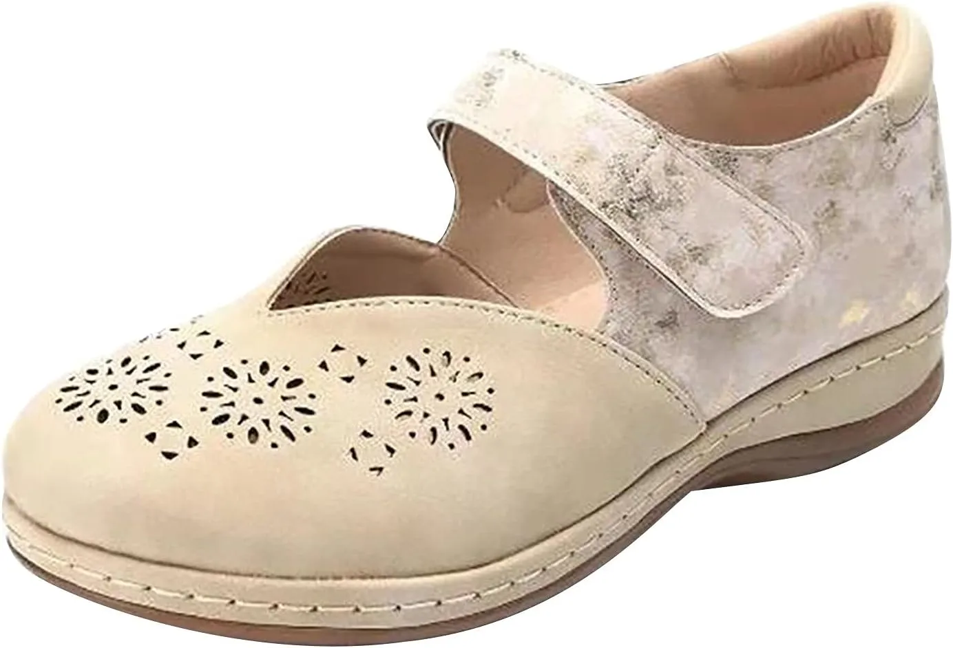 oiangi Hollow Breathable Sandals for Women Wedge Heel Summer Comfy Closed Toe Cutout Hook and Loop Leather Sandals Lightweight Casual Non-Slip Beach Shoes