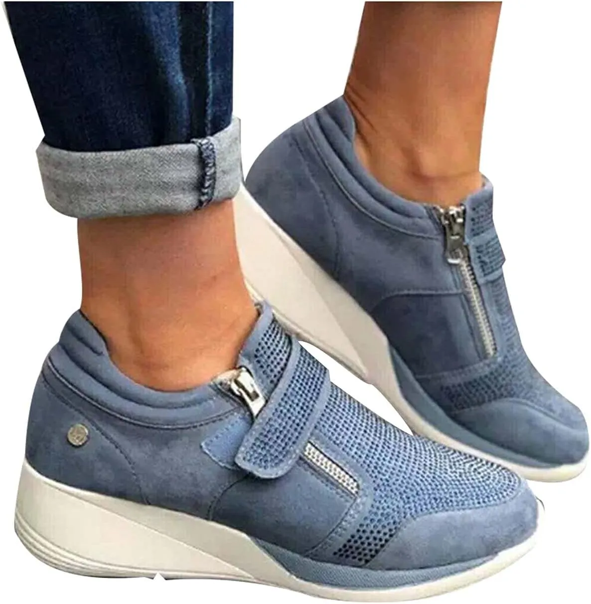 oiangi Rhinestone Sneakers for Women,Fashion Suede Side Zipper Comfortable Breathable Wedge Sport Shoes Outdoor Lightweight Casual Walking Shoes