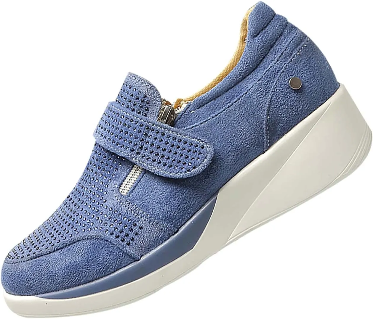 oiangi Rhinestone Sneakers for Women,Fashion Suede Side Zipper Comfortable Breathable Wedge Sport Shoes Outdoor Lightweight Casual Walking Shoes