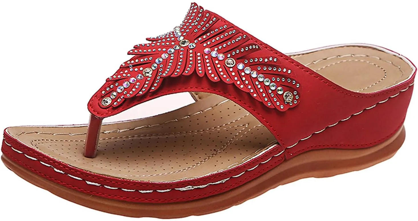 oiangi Rhinestone Wedge Sandals for Women,Summer Fashion Open Toe T Strap Thong Flip Flops Sandals Comfortable Casual Beach Shoes Slippers