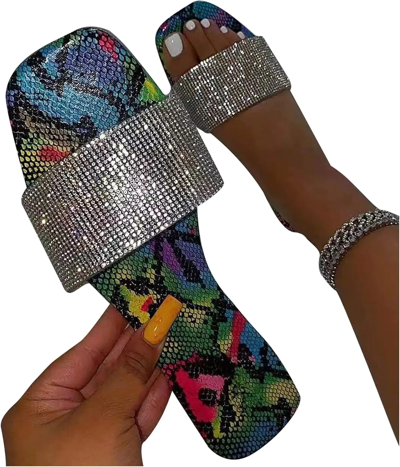 oiangi Sandal for Women Casual Summer Flats Flip-Flops Sandals Fashion Snake Pattern Colorblock Printed Platform Sandals Bath Slippers Beach Shoes