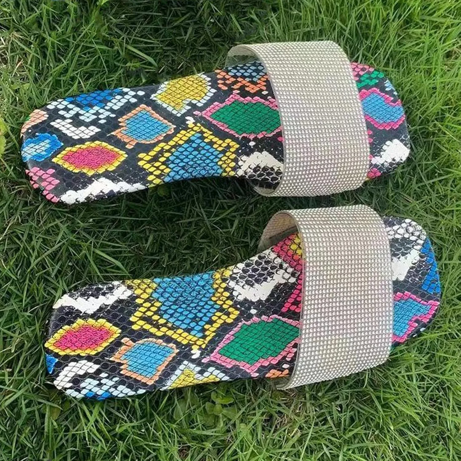 oiangi Sandal for Women Casual Summer Flats Flip-Flops Sandals Fashion Snake Pattern Colorblock Printed Platform Sandals Bath Slippers Beach Shoes