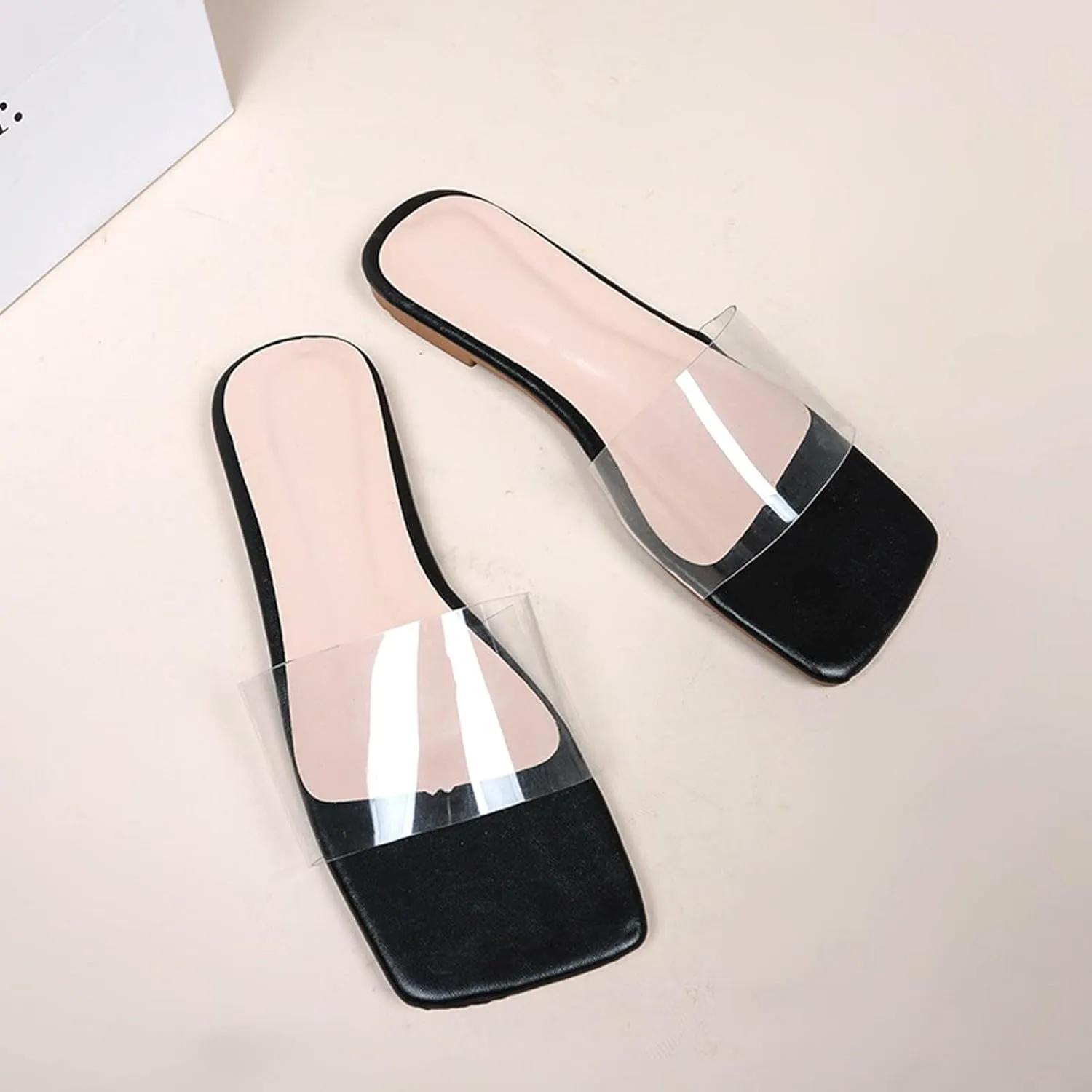 oiangi Single Strap Sandal for Women Flat Summer Square Toe Transparent Strap Open Toe Slip-on Slide Flip Flop Slippers Casual Trendy Beach Shoes