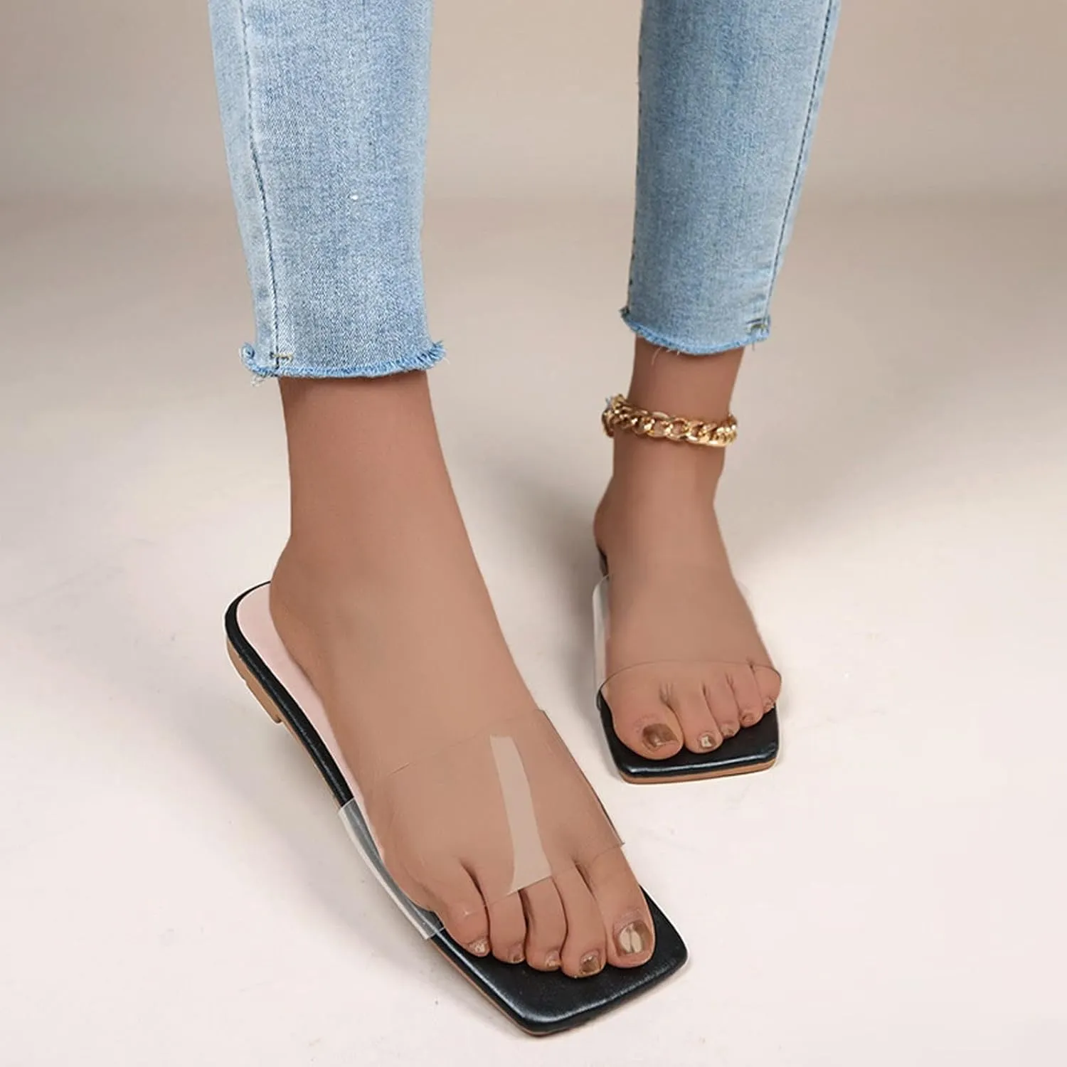 oiangi Single Strap Sandal for Women Flat Summer Square Toe Transparent Strap Open Toe Slip-on Slide Flip Flop Slippers Casual Trendy Beach Shoes