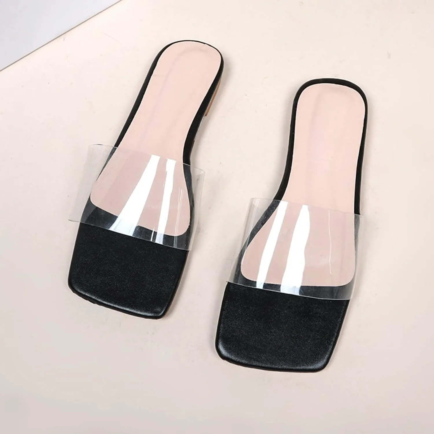oiangi Single Strap Sandal for Women Flat Summer Square Toe Transparent Strap Open Toe Slip-on Slide Flip Flop Slippers Casual Trendy Beach Shoes