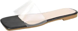 oiangi Single Strap Sandal for Women Flat Summer Square Toe Transparent Strap Open Toe Slip-on Slide Flip Flop Slippers Casual Trendy Beach Shoes