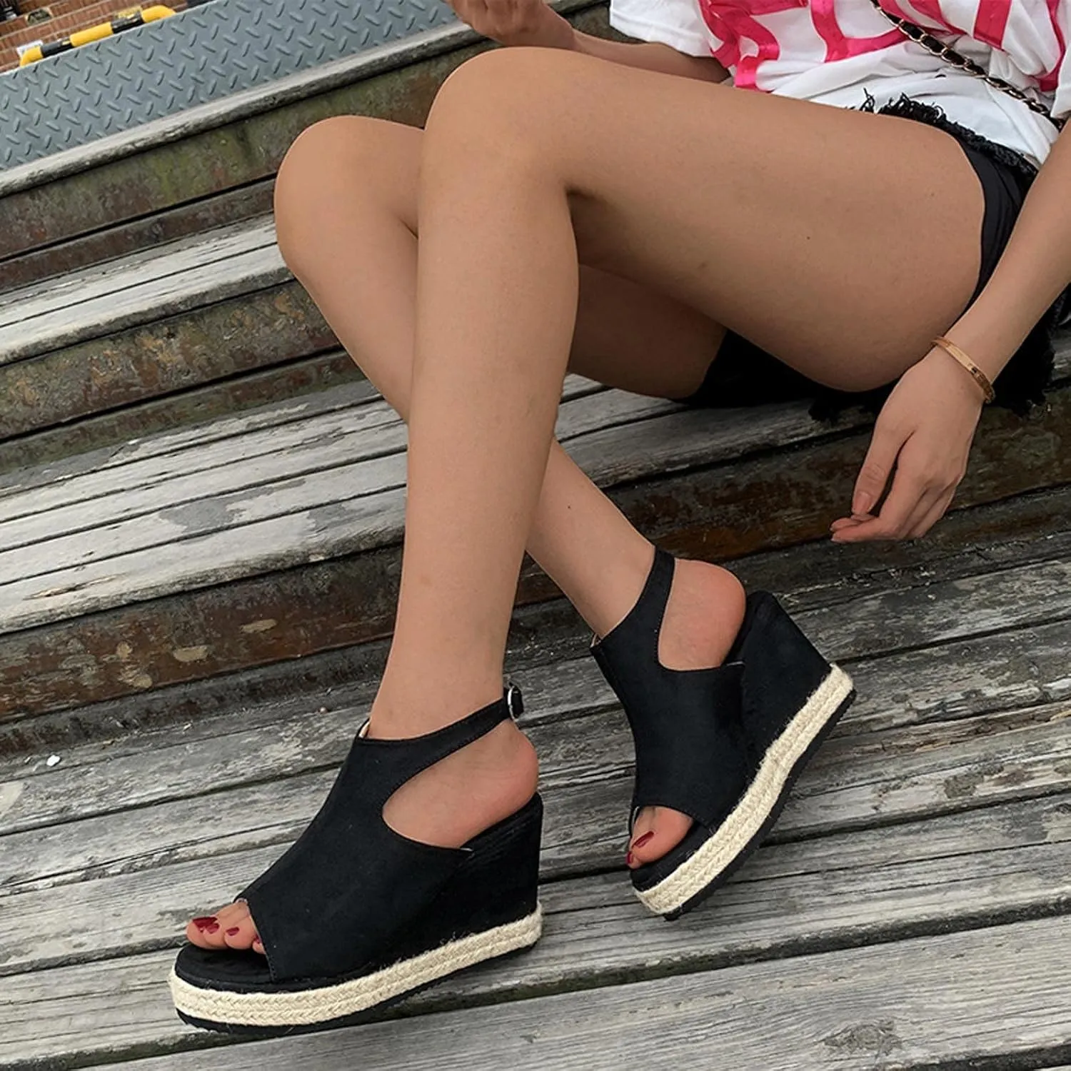 oiangi Slingback Sandals for Women Wedge Heel Summer Casual Fish Mouth Open Toe Suede Buckle Platform Sandals Solid Comfortable Chunky High Heel Shoes
