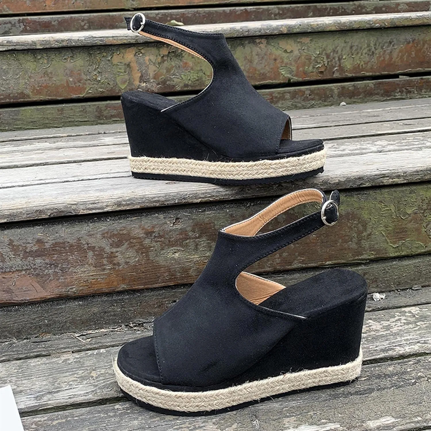 oiangi Slingback Sandals for Women Wedge Heel Summer Casual Fish Mouth Open Toe Suede Buckle Platform Sandals Solid Comfortable Chunky High Heel Shoes