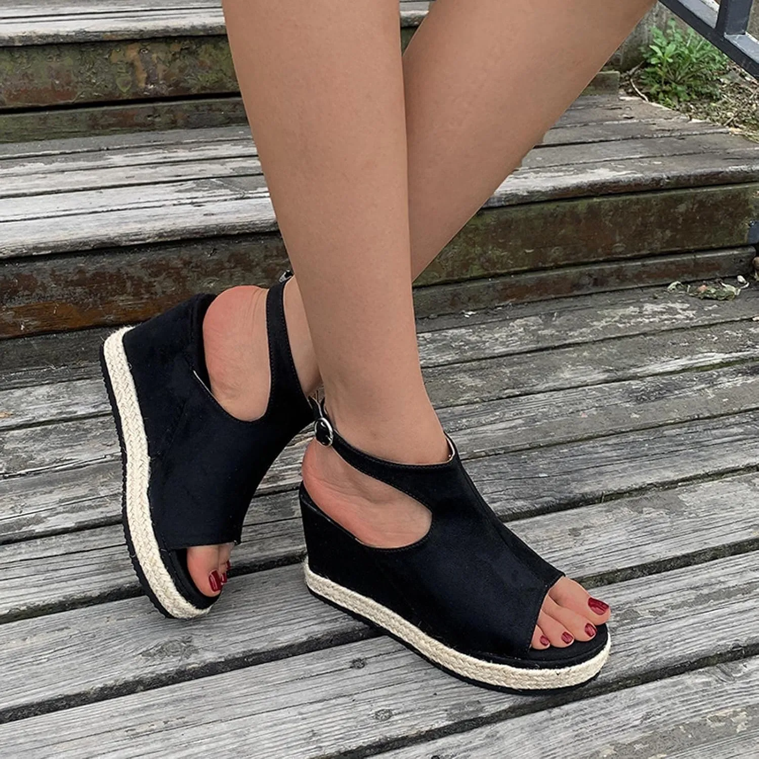 oiangi Slingback Sandals for Women Wedge Heel Summer Casual Fish Mouth Open Toe Suede Buckle Platform Sandals Solid Comfortable Chunky High Heel Shoes
