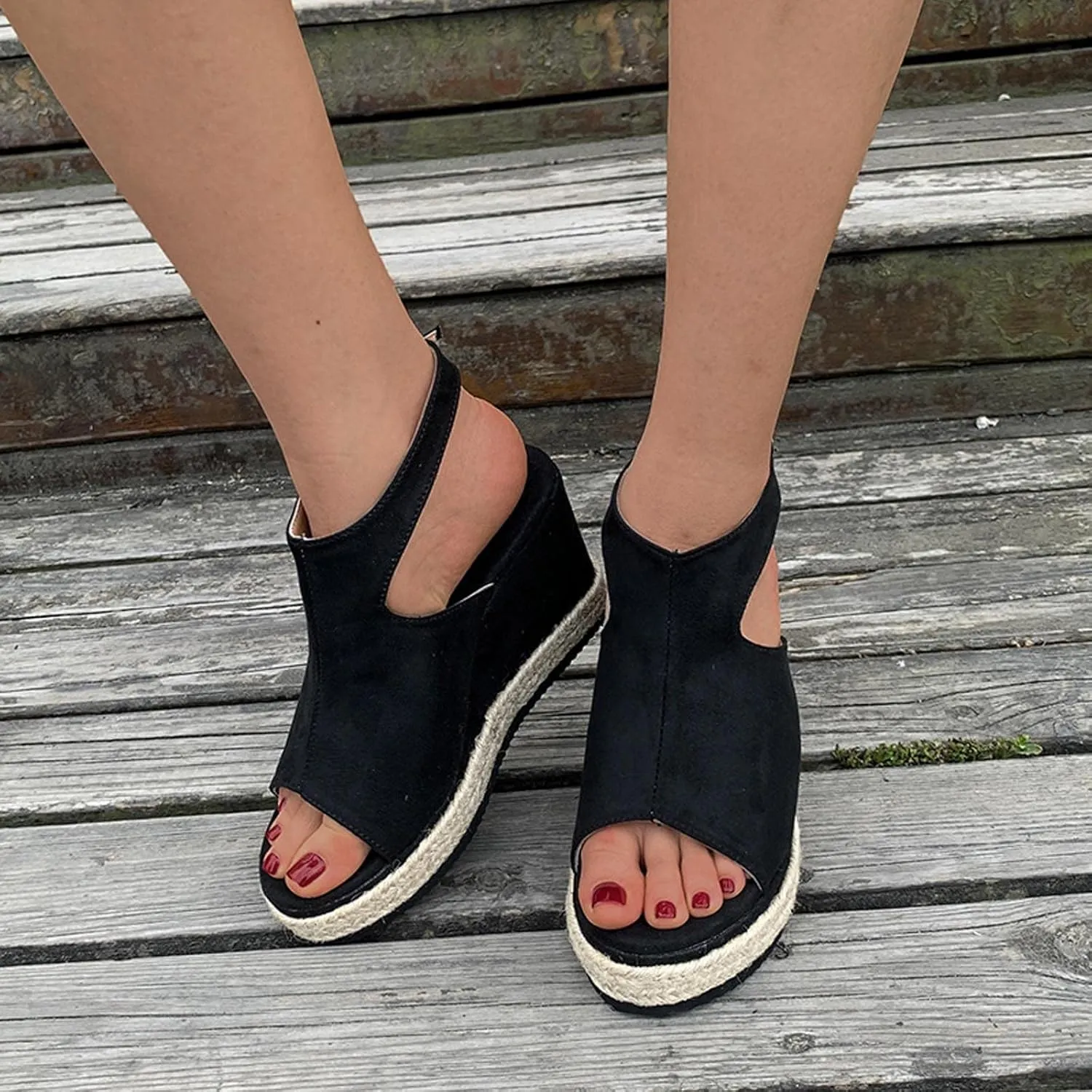 oiangi Slingback Sandals for Women Wedge Heel Summer Casual Fish Mouth Open Toe Suede Buckle Platform Sandals Solid Comfortable Chunky High Heel Shoes